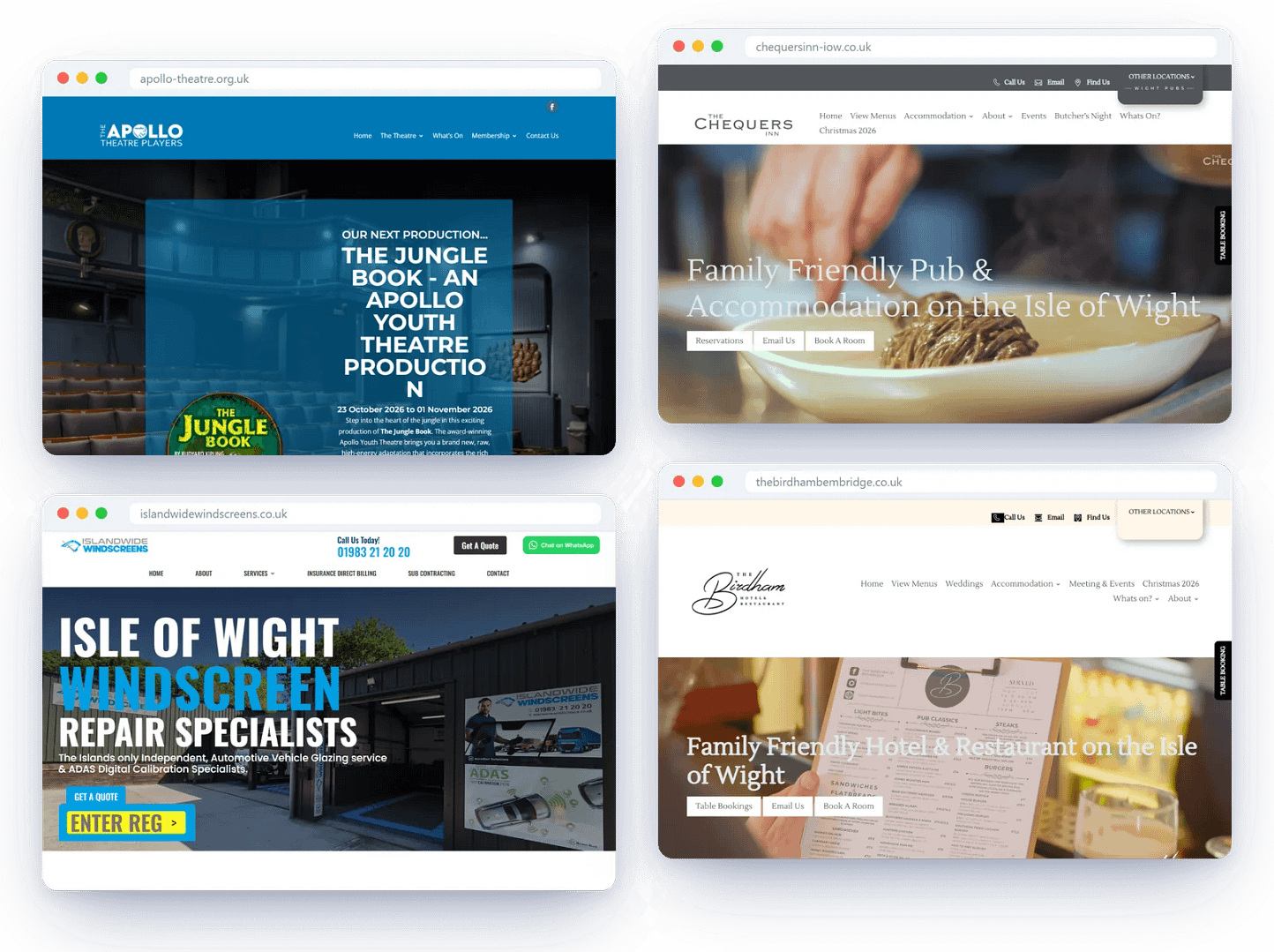 Isle of Wight client websites including Apollo Theatre, The Chequers Inn, Islandwide Windscreens and The Birdham