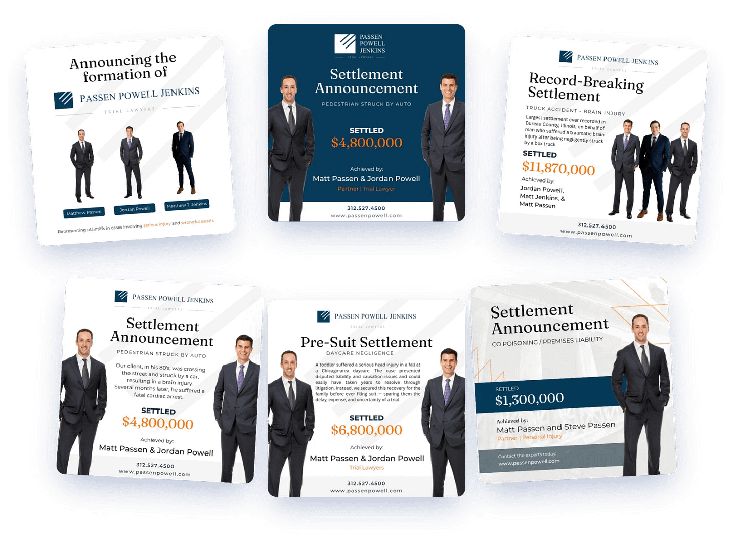 Social media graphic templates designed by Four Point Digital for Passen, Powell & Jenkins, trial lawyers