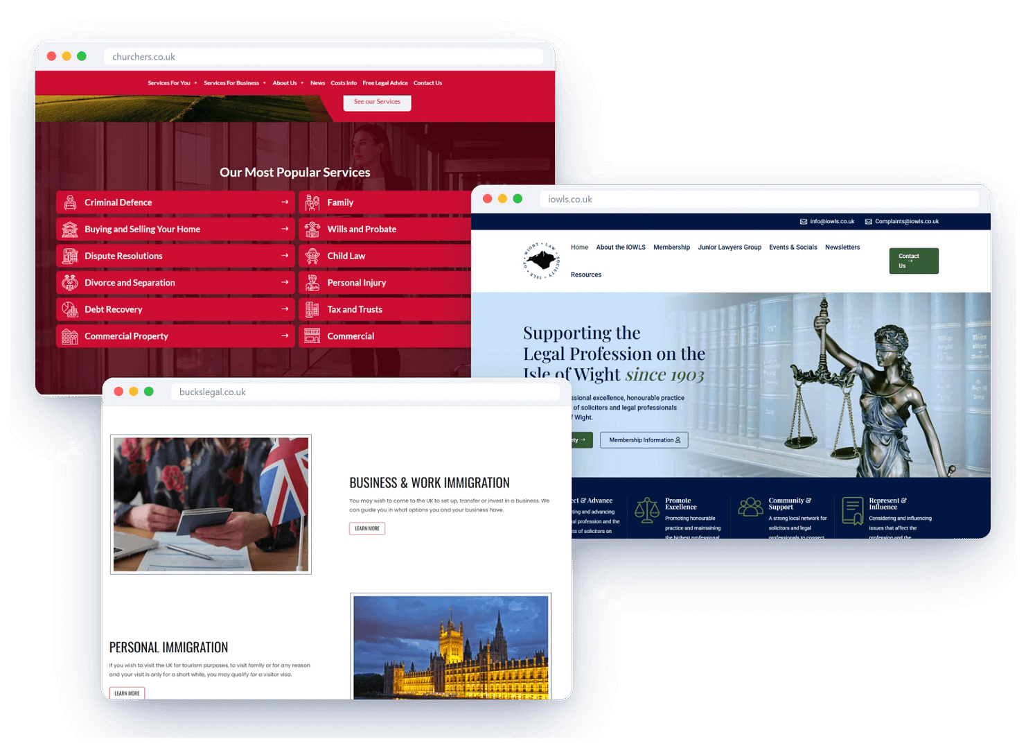 Law firm websites by Four Point Digital: Churchers Solicitors, Isle of Wight Law Society and Buckingham Legal Associates