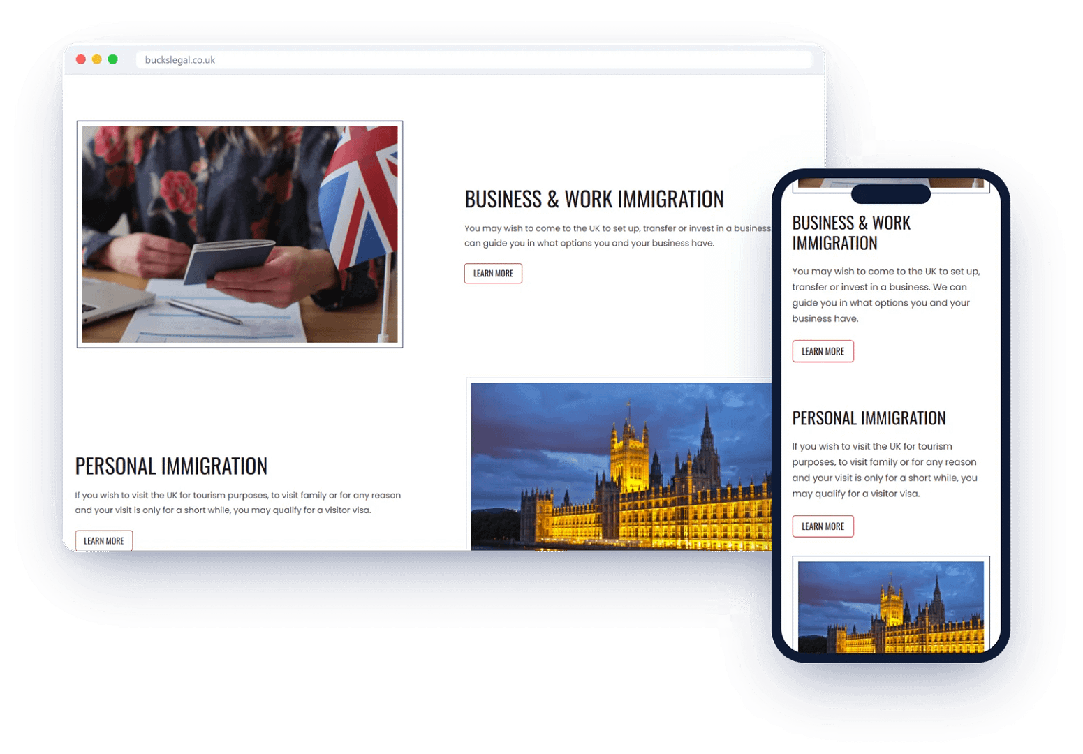 Buckingham Legal Associates website on desktop and mobile, designed and developed by Four Point Digital