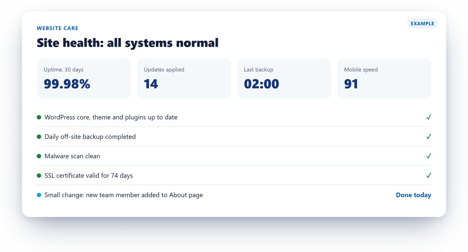 Example website care dashboard showing uptime, updates, backups and security checks