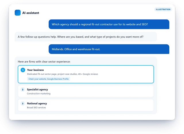 Illustration of an AI assistant recommending a business after follow-up questions